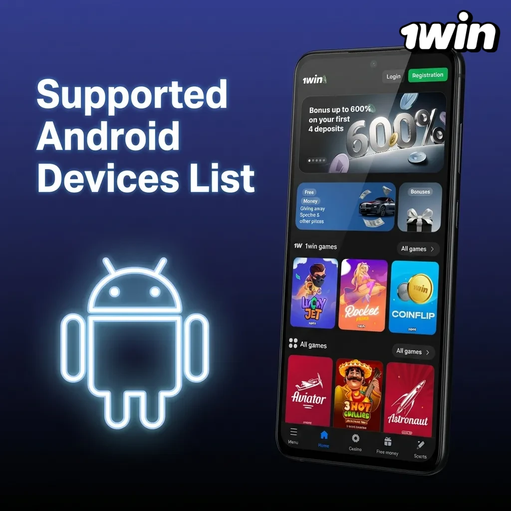 List of supported Android devices for the 1win app, including Samsung Galaxy, Xiaomi Redmi, and Realme.