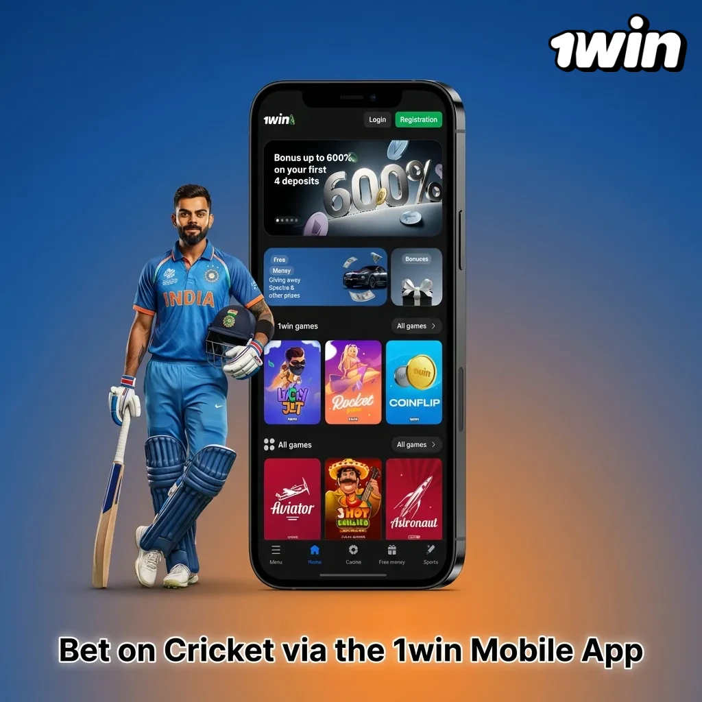 Smartphone screen displaying the 1win mobile app interface for betting on cricket.