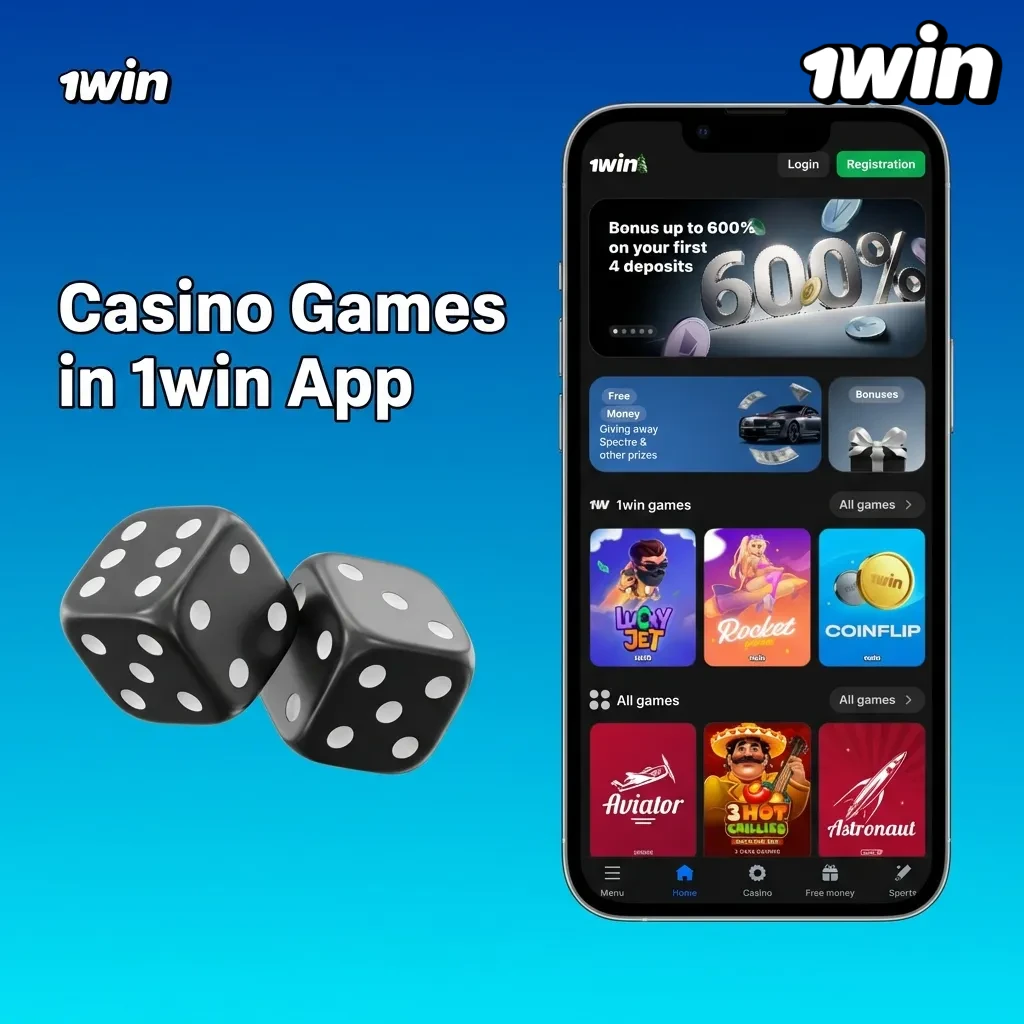 1win app interface showing a variety of casino games including slots, crash games, and live dealers.