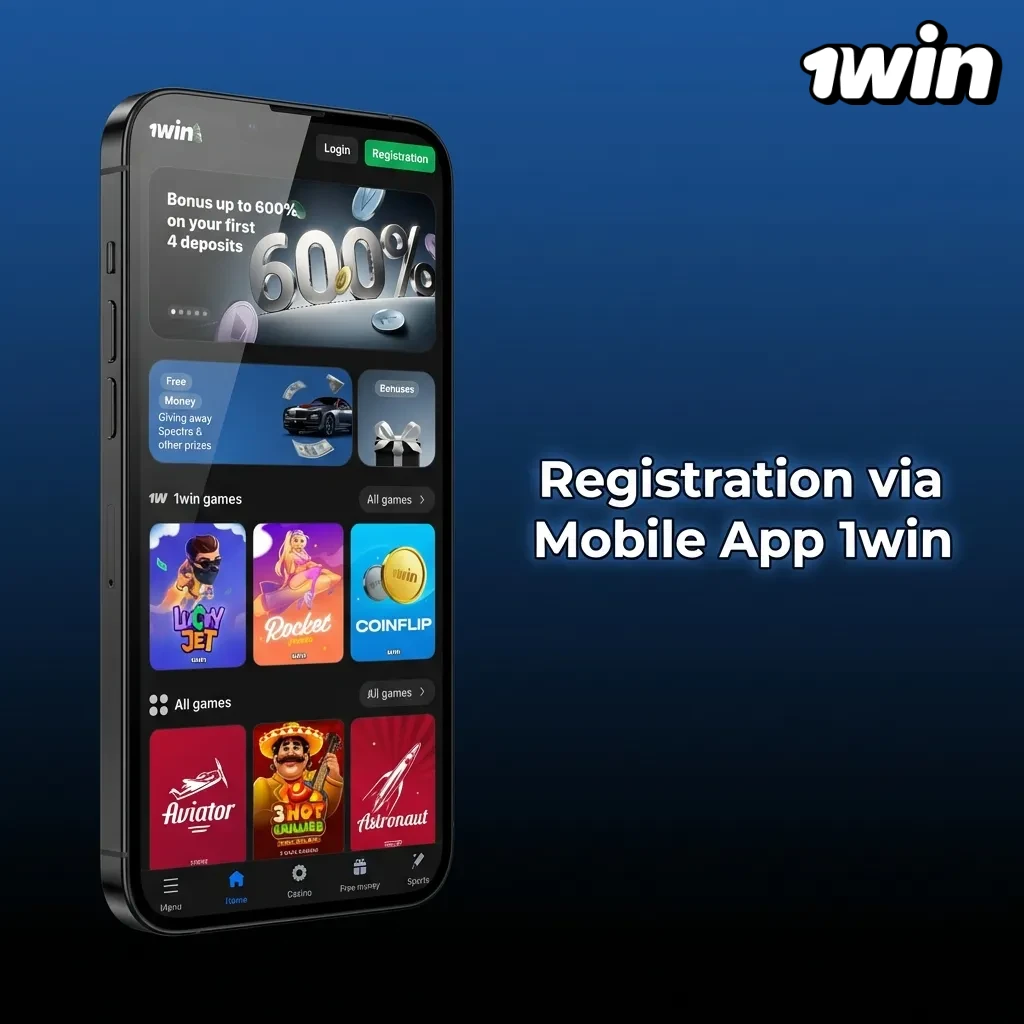 1win mobile app interface showing the registration form and green Sign Up button on a smartphone.