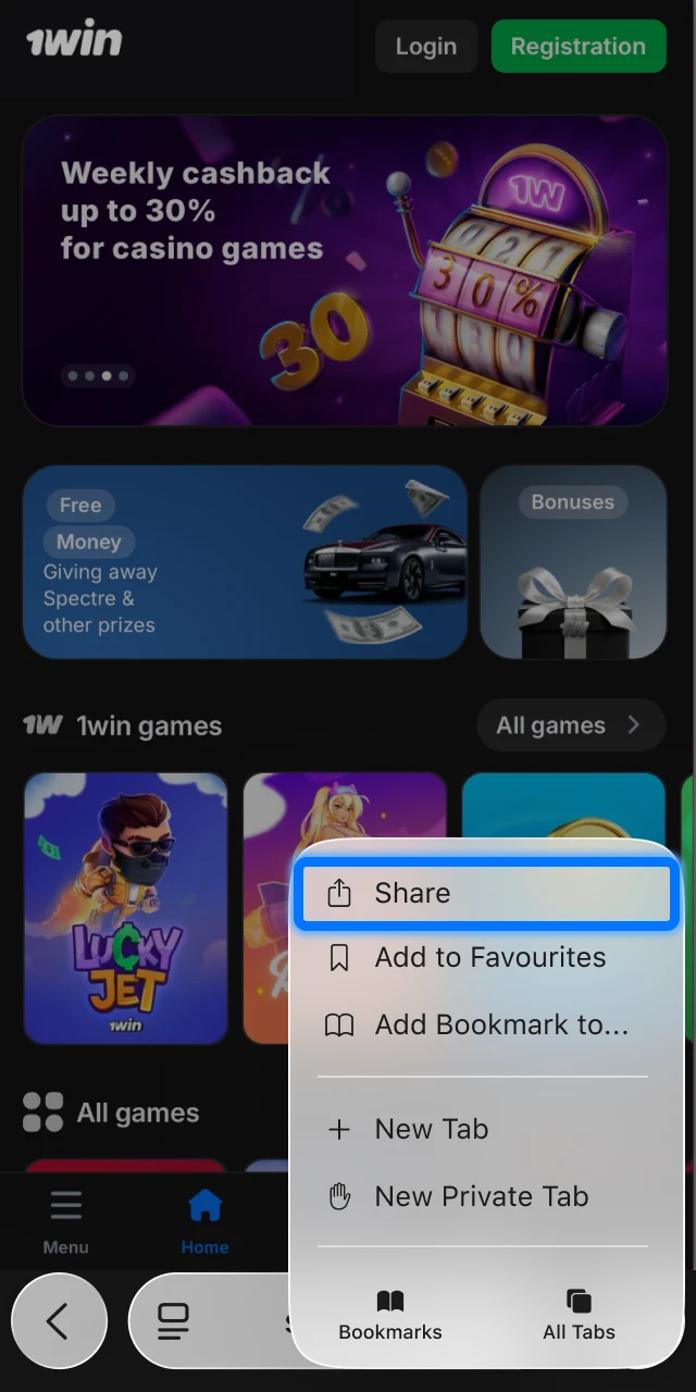 Tap the Safari share icon at the bottom of the screen to access additional options.