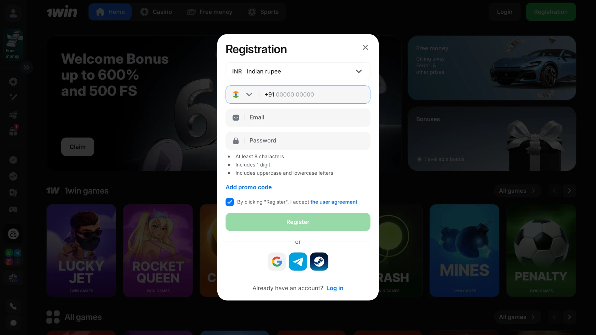 Start your 1win registration by clicking the button to open the official sign-up form.
