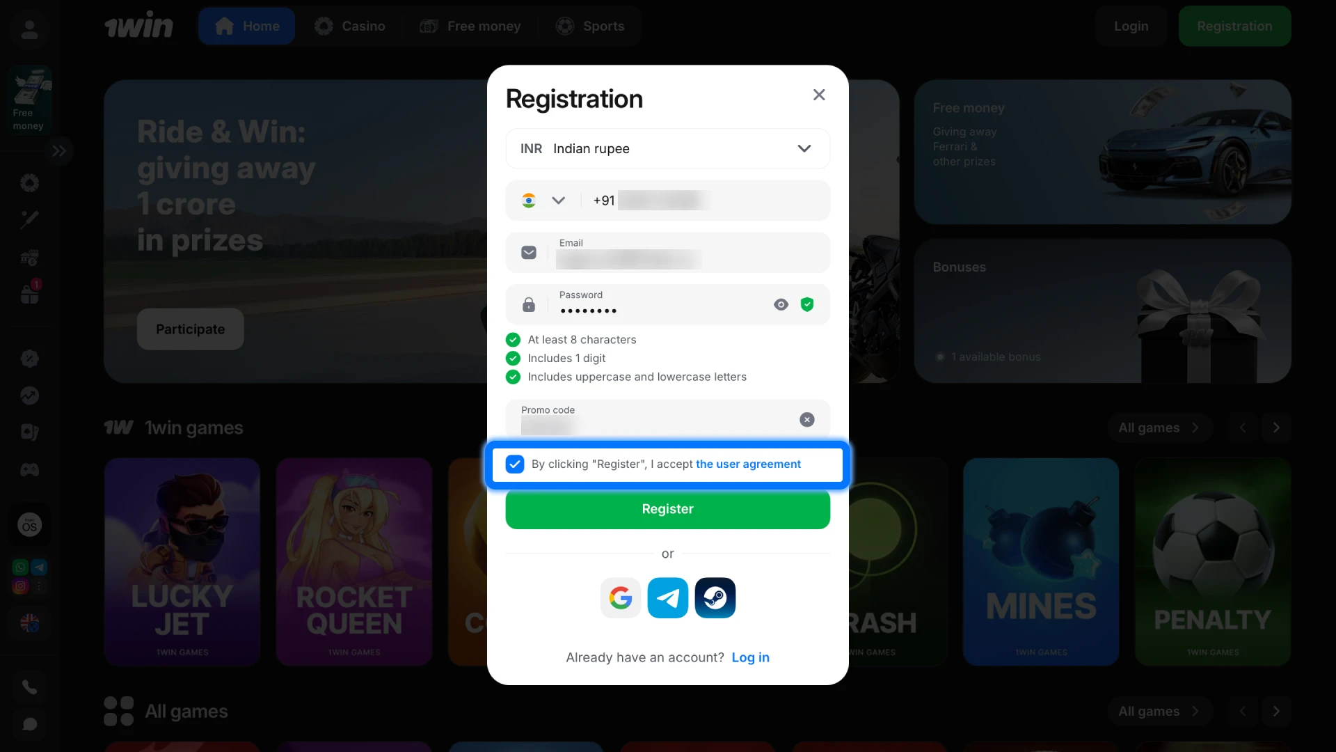 Confirm your agreement to the Terms of Use to proceed with 1win account creation.